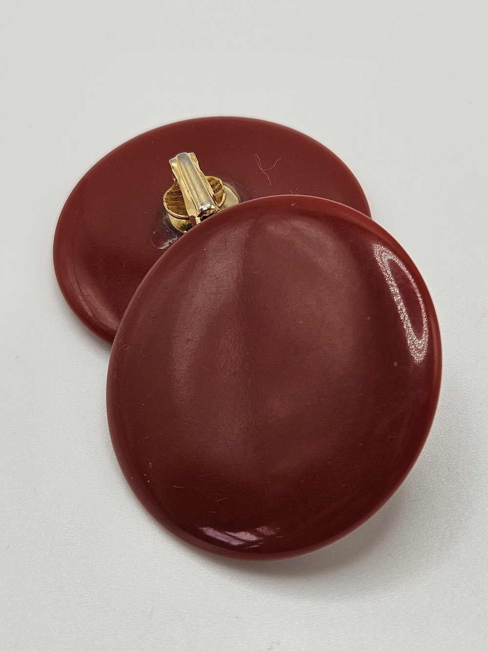 VINTAGE Dark Red Genuine Bakelite Cabochon Large Round Earrings Clip On